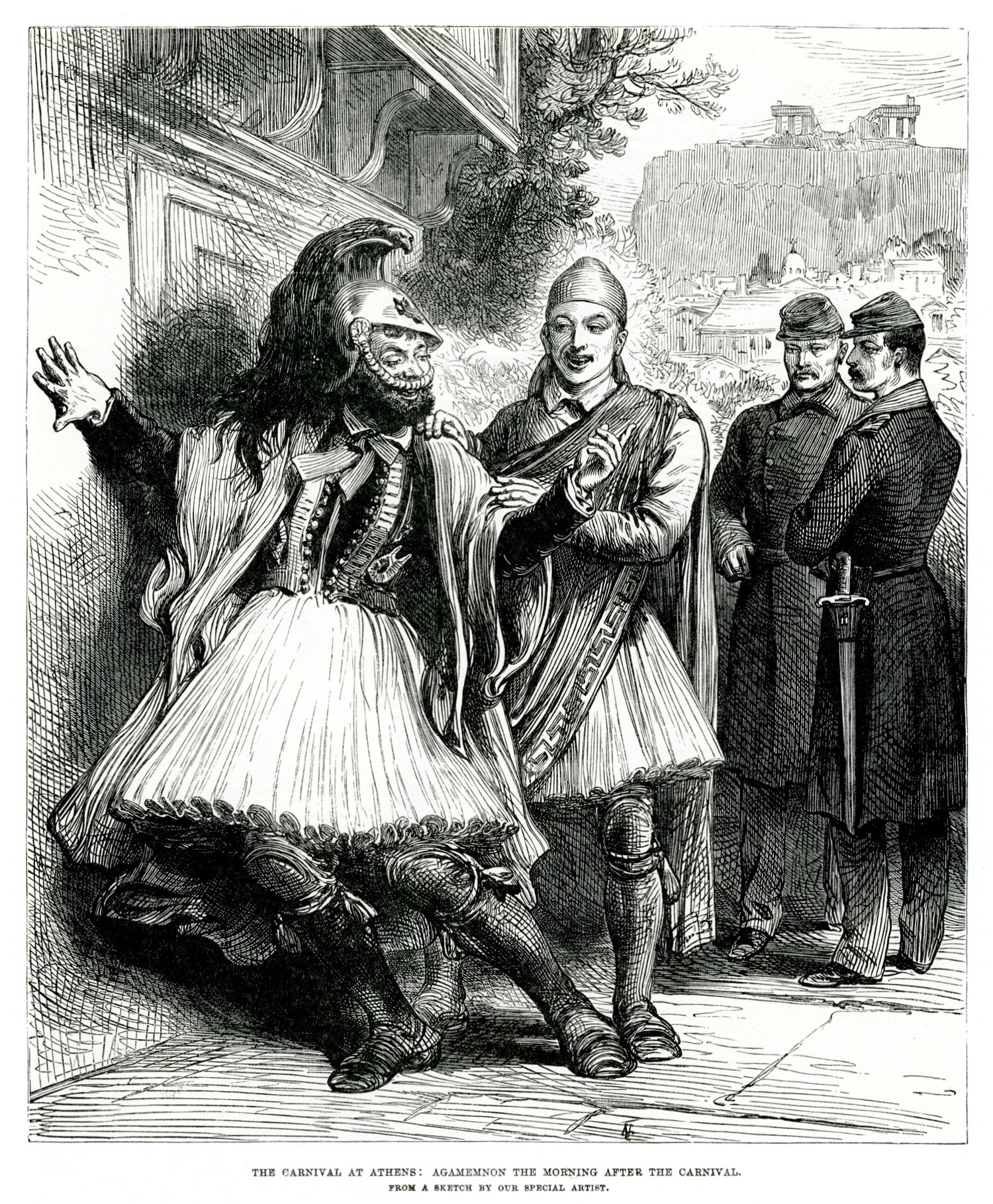 Μεθυσμένος επιστρέφει στο σπίτι του ύστερα από νυχτερινή διασκέδαση κατά τη διάρκεια των Αποκρεών στην Αθήνα, στα 1877