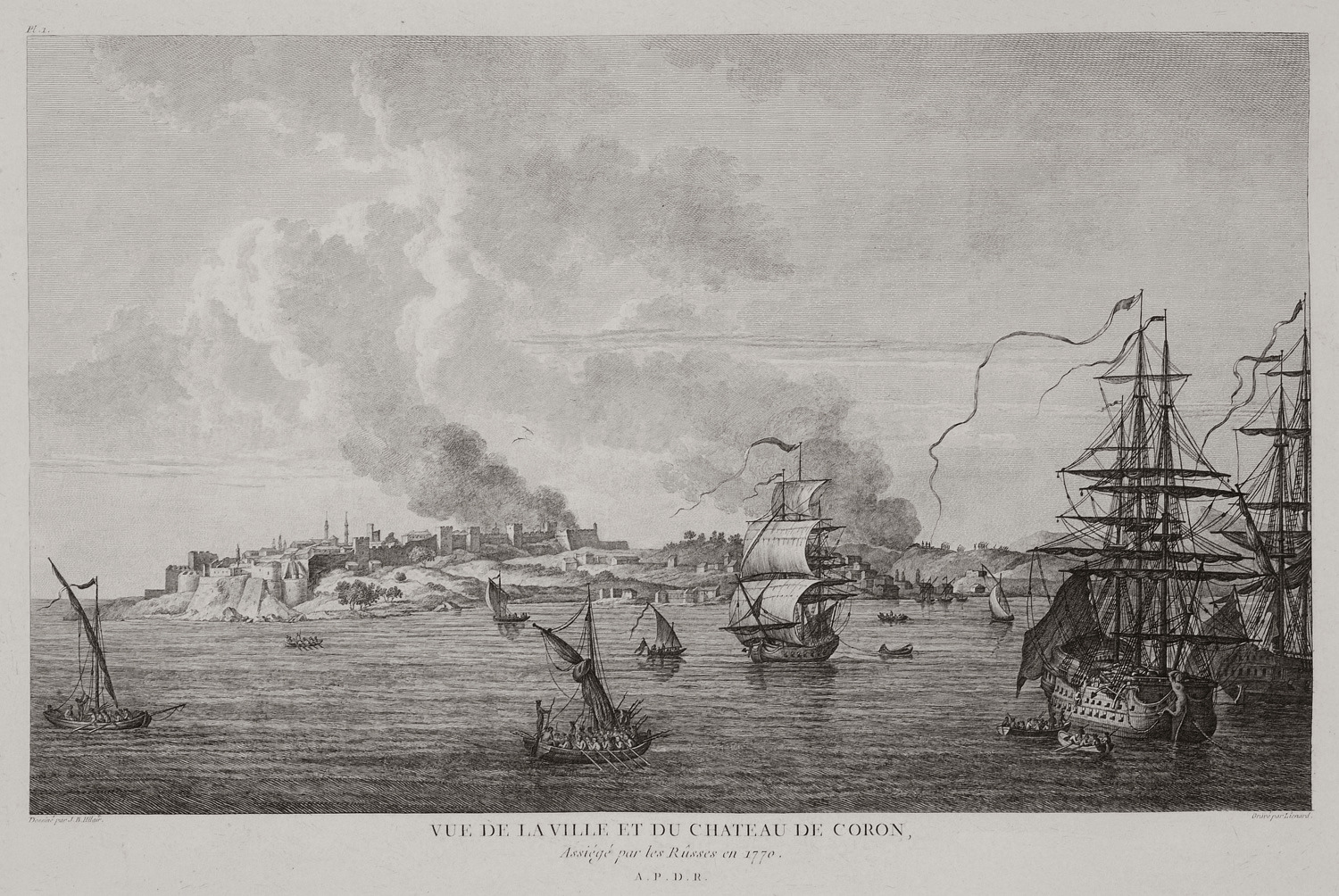 Άποψη της πόλης και του κάστρου της Κορώνης που πολιορκήθηκε από τους Ρώσους το 1770