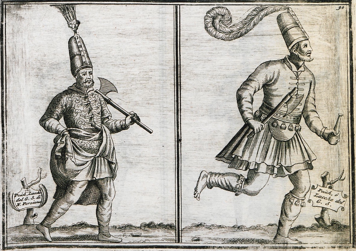 Αριστερά: Πέρσης στρατιώτης του πεζικού του σουλτάνου            Δεξιά: Τοξότης της φρουράς του σουλτάνου