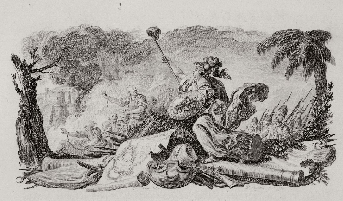 Η Μπελόνα (πολεμική θεότητα των Γαλατών) δρασκελίζει ένα σωρό όπλων ακολουθούμενη από ρώσους πολεμιστές, και δείχνει στους σκλαβωμένους Έλληνες το σύμβολο της ελευθερίας το οποίο αυτοί αποφεύγουν από δειλία