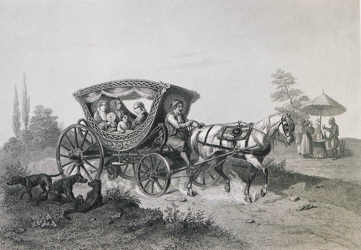 Οθωμανική άμαξα- Στα δεξιά Οθωμανοί απολαμβάνουν το σερμπέτι τους (παγωμένο γλυκό ρόφημα)