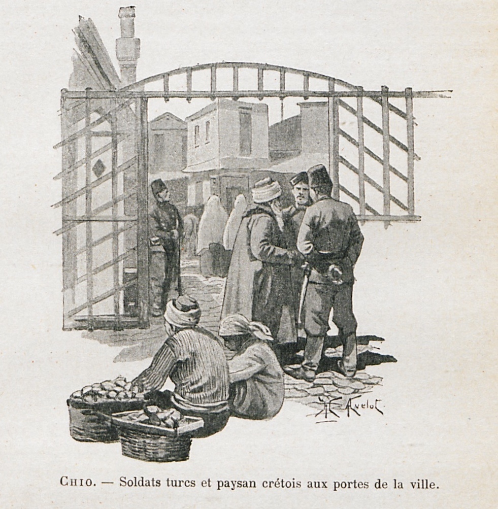 Πλανόδιοι πωλητές από την Κρήτη και Τούρκοι στρατιώτες στην είσοδο της πόλης της Χίου