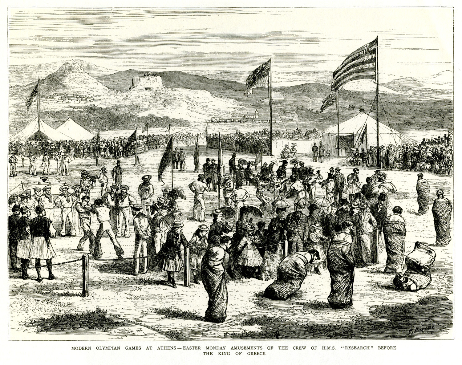 Μοντέρνοι Ολυμπιακοί Αγώνες στην Αθήνα-Το πλήρωμα του βρετανικού πλοίου “Research” διασκεδάζει ενώπιον του βασιλιά Γεωργίου Α ΄τη Δευτέρα του Πάσχα
