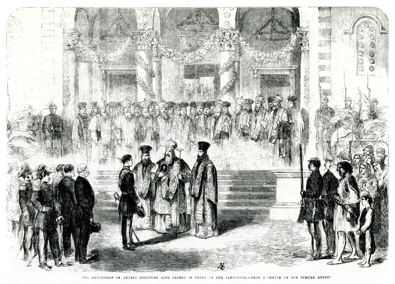 Ο Αρχιεπίσκοπος Αθηνών υποδέχεται τον βασιλιά Γεώργιο Α΄ στην είσοδο της Μητρόπολης, 1863