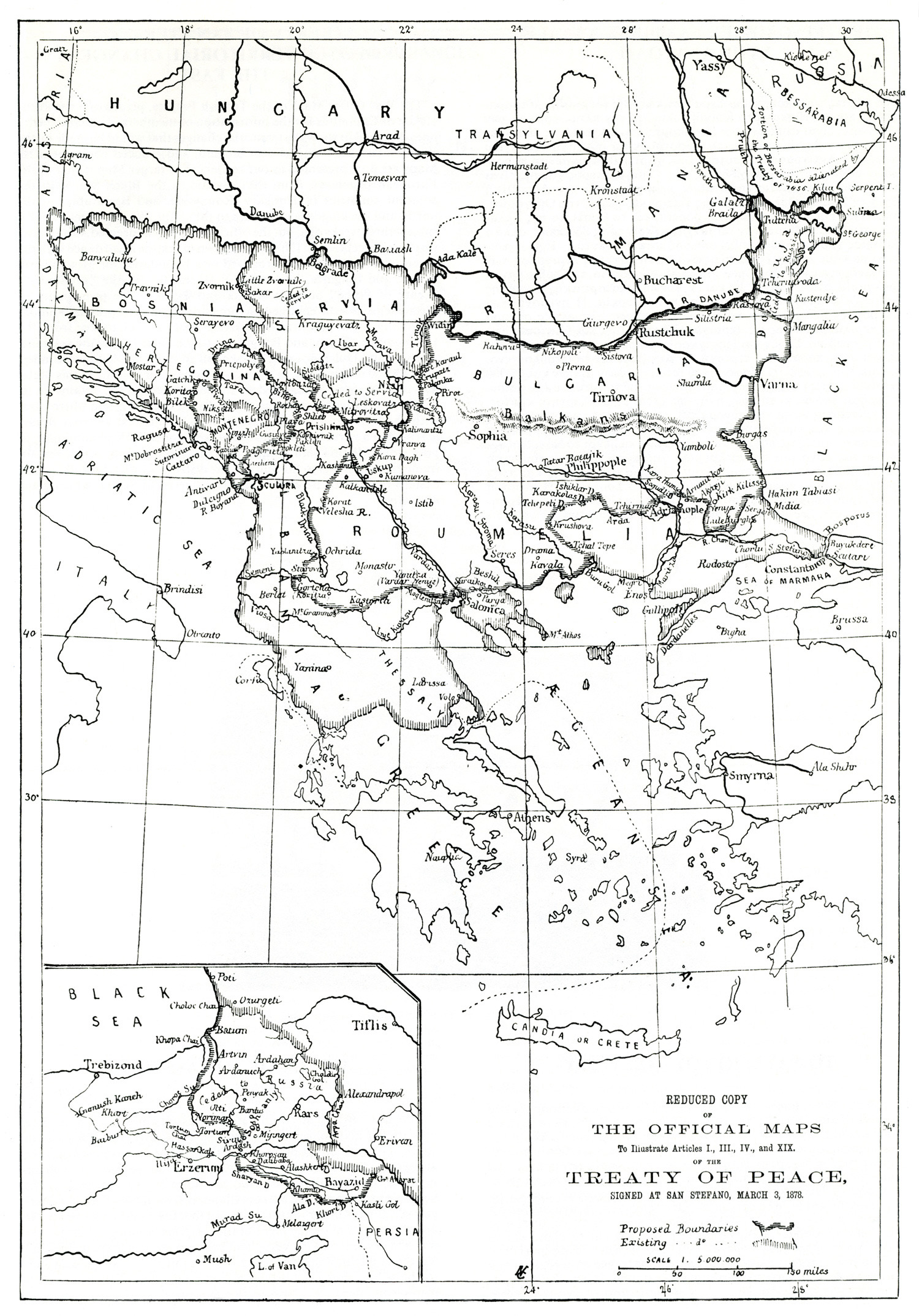Χάρτης των εδαφών της Βαλκανικής χερσονήσου, με τις αλλαγές που επέφερε η συνθήκη του Αγίου Στεφάνου (1878)